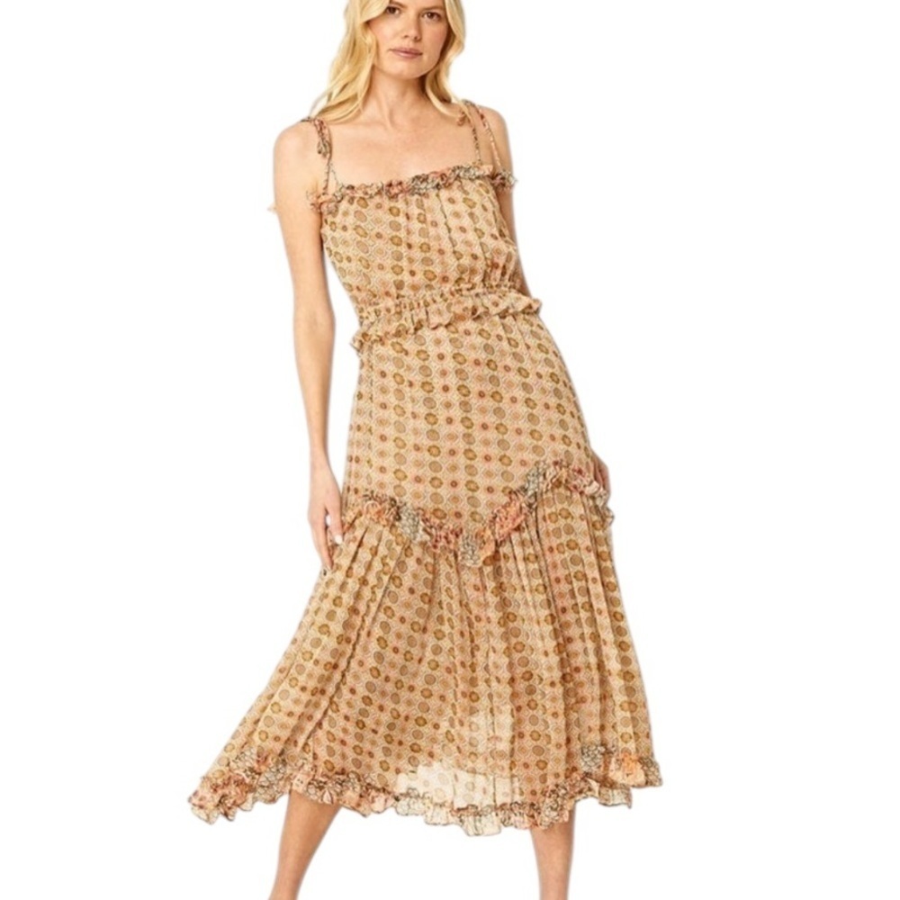 MISA Nita Midi Ruffle Dress in Flora Tile Mix Green and Pink Size M NWT